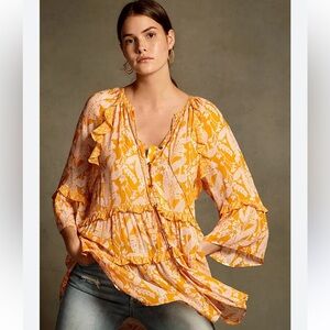 Anthropologie Mia Tiered Tunic Floral Orange
